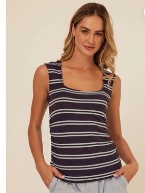 Threads 4 Thought Brynlee Feather Rib Ruched Blue Striped Sleeveless Top - NWT